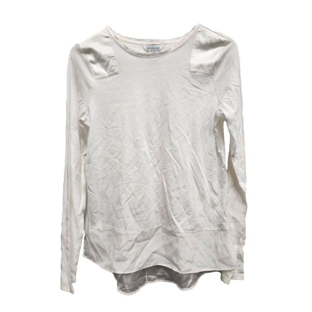 Sundance White Long Sleeve Crewneck Top Mixed Media Silk
